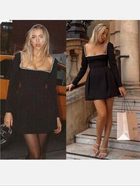 Odd Muse Mini Black Dress Pearl Neckline